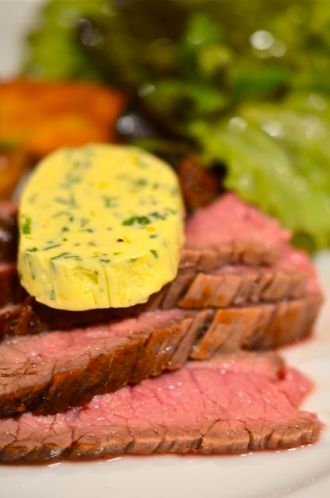 Pan Seared Flank Steak With Herb Butter.