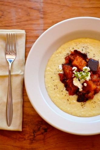 Sweet Corn Polenta With Eggplant Sauce.